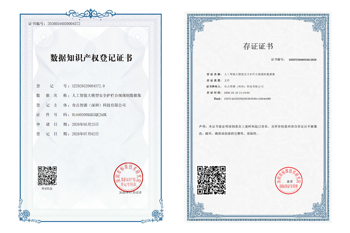奇点智源荣获《人工智能大模型安全护栏合规规则数据集》数据知识产权登记证书!